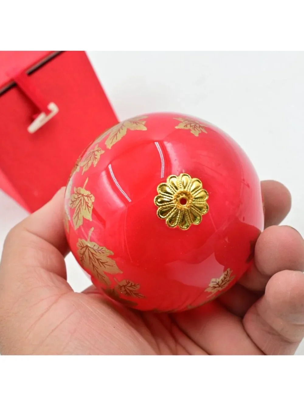 Reversed Painted Gold Stencil Autumn Leaves Red Glass Christmas Ornament w/ Box